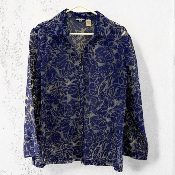 Chico's Blue Rayon Linen Blend Floral Sheer Blouse size 2(L/XL) - Picture 1 of 6